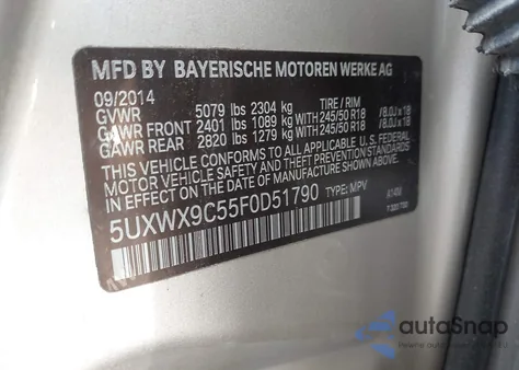 2015 BMW X3 xDrive28I из США, поврежденный, VIN 5UXWX9C55F0D51790